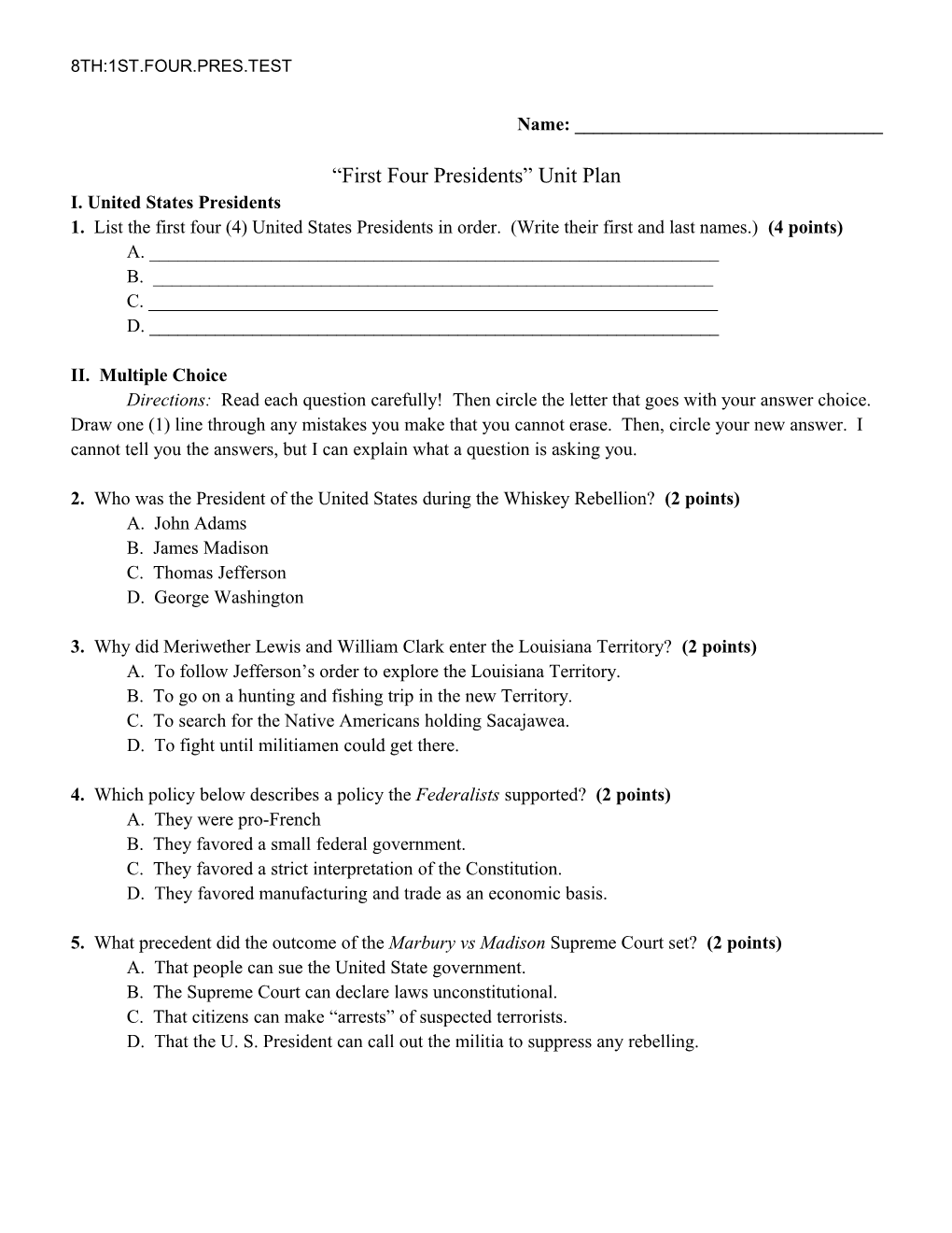 First Four Presidents Unit Plan