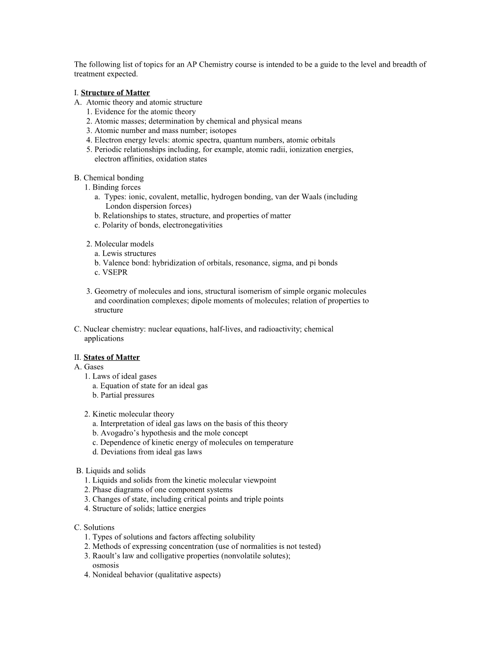 The Following List Of Topics For An AP Chemistry Course Is Intended To Be A Guide To The Level And Breadth Of Treatment