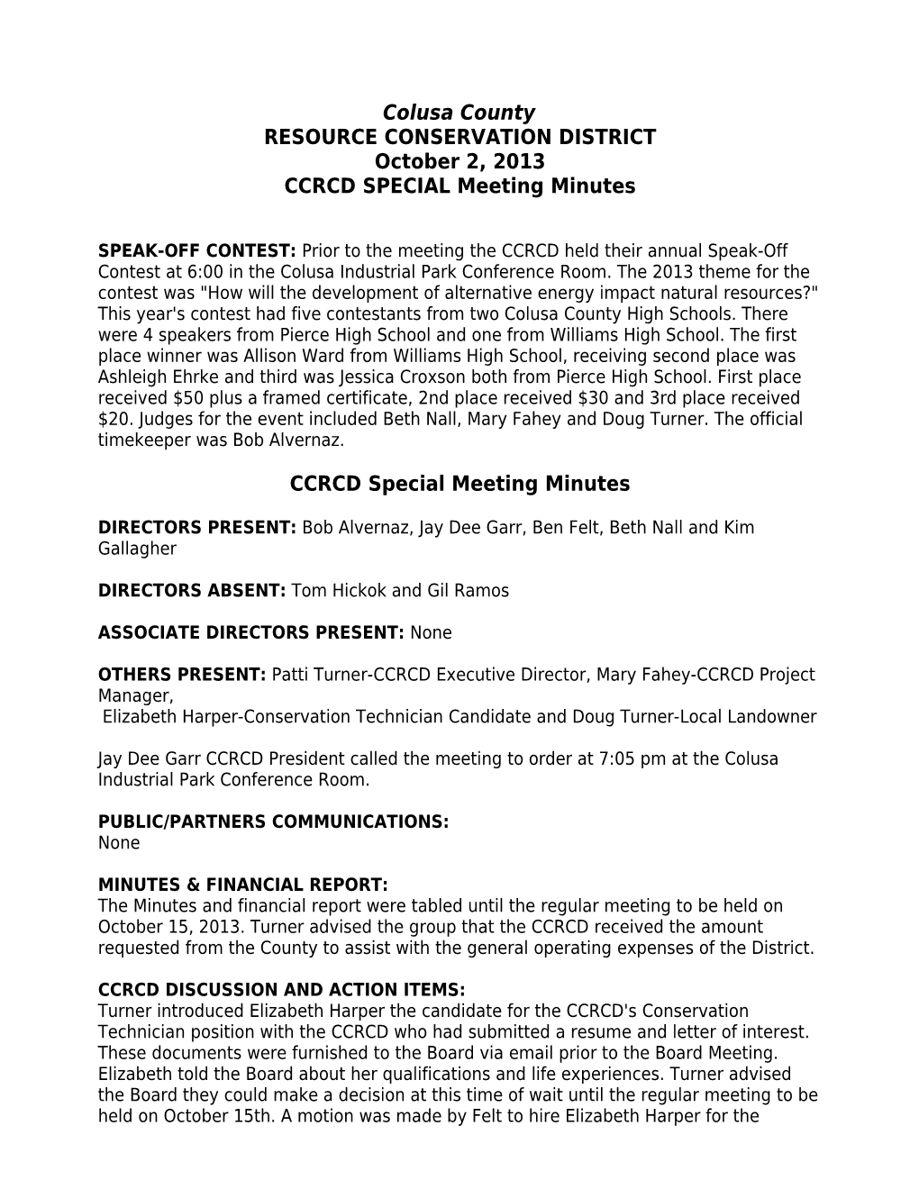 CCRCD SPECIAL Meeting Minutes