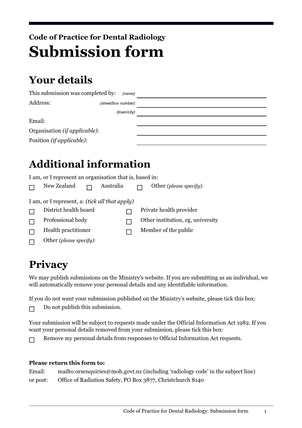 Code of Practice for Dental Radiologysubmission Form