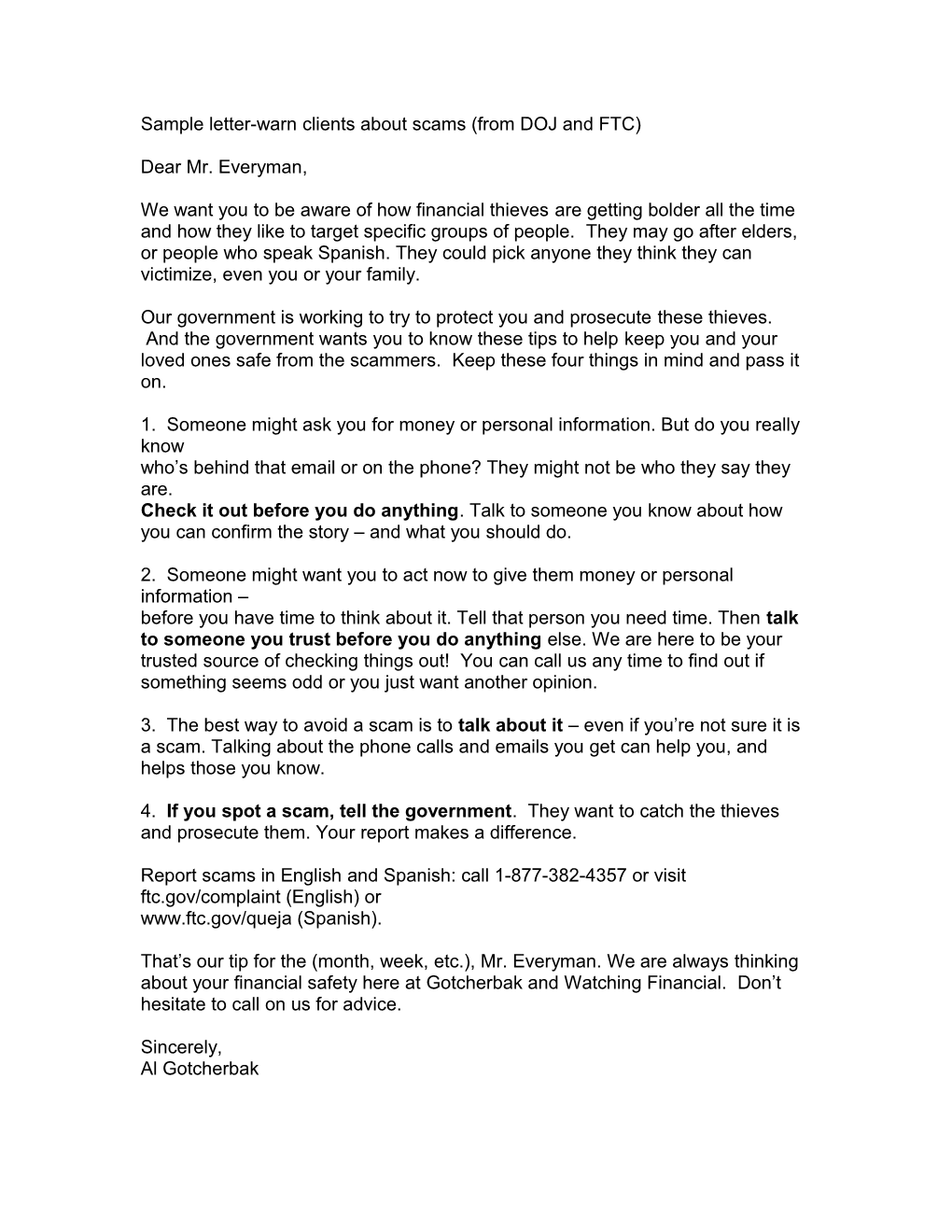 Sample Letter-Warn Clients About Scams (From DOJ and FTC)