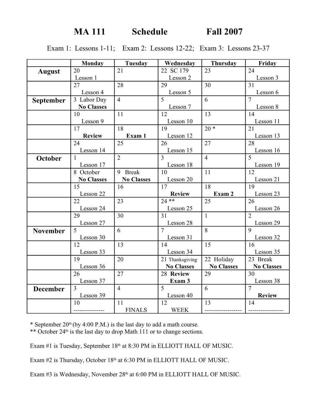 MA 111 Schedule, Spring 2001