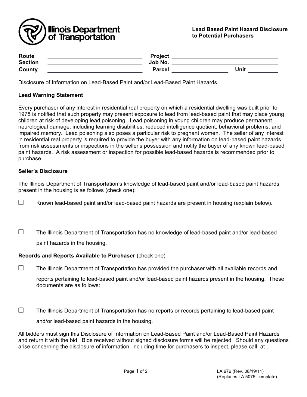 Lead Based Paint Hazard Disclosure to Potential Purchasers