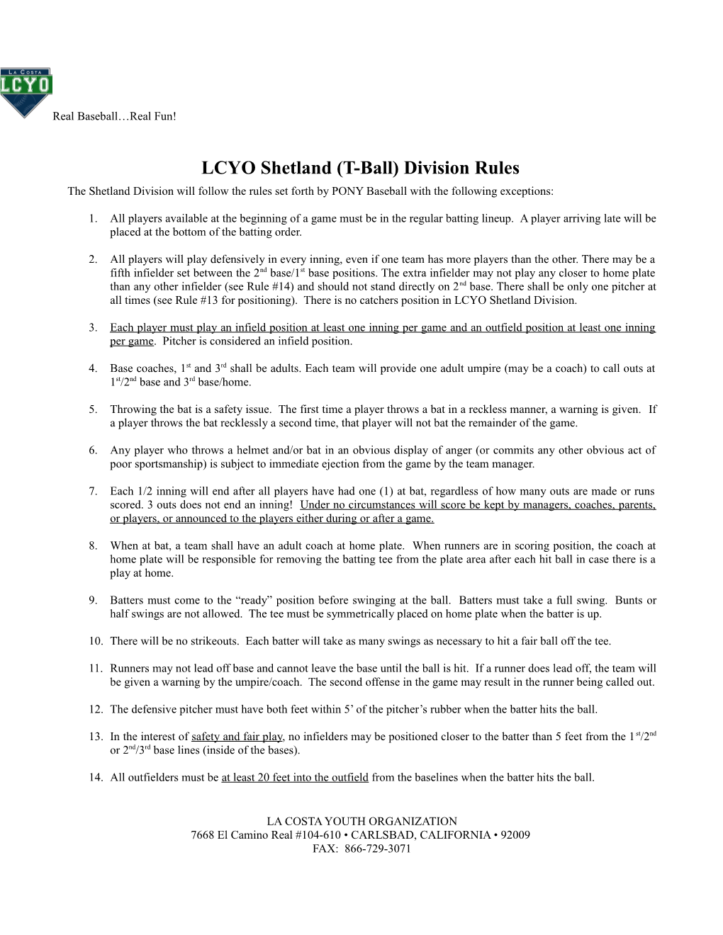 LCYO Shetland (T-Ball) Division Rules