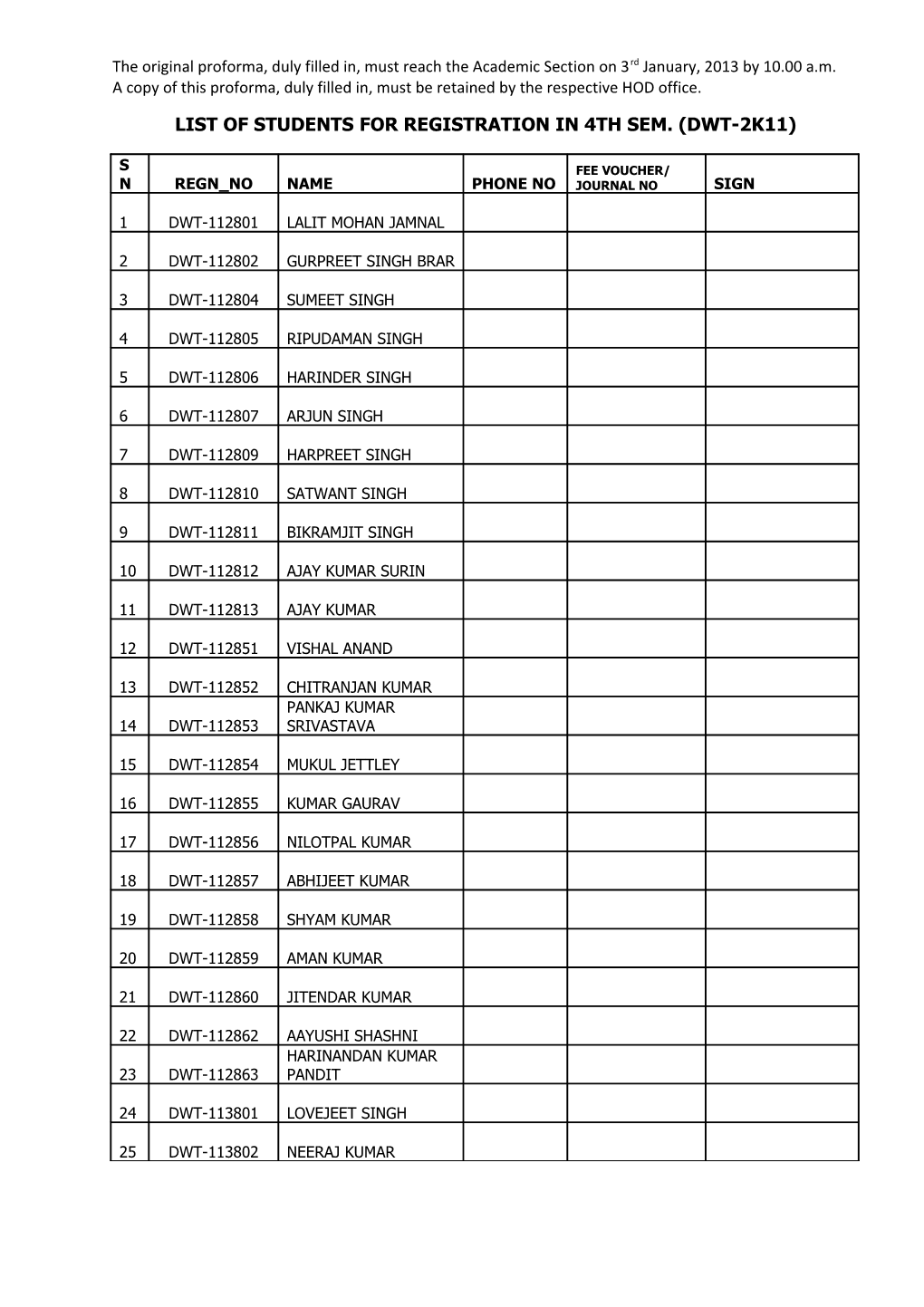 List of Students for Registration in 4Th Sem. (Dwt-2K11)