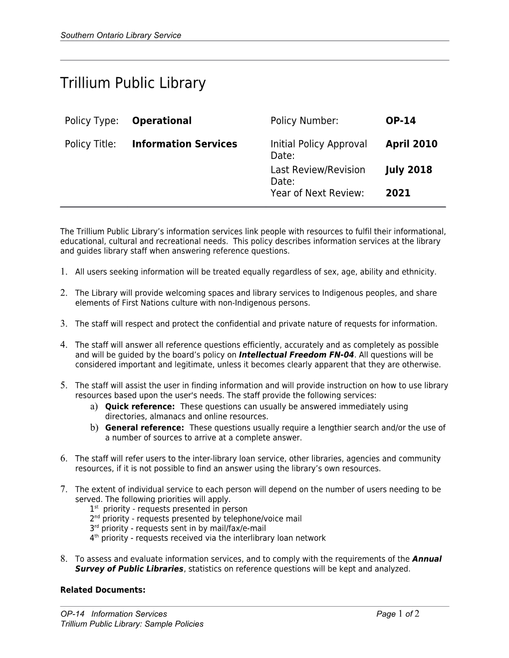 Trillium Public Library Sample Policies