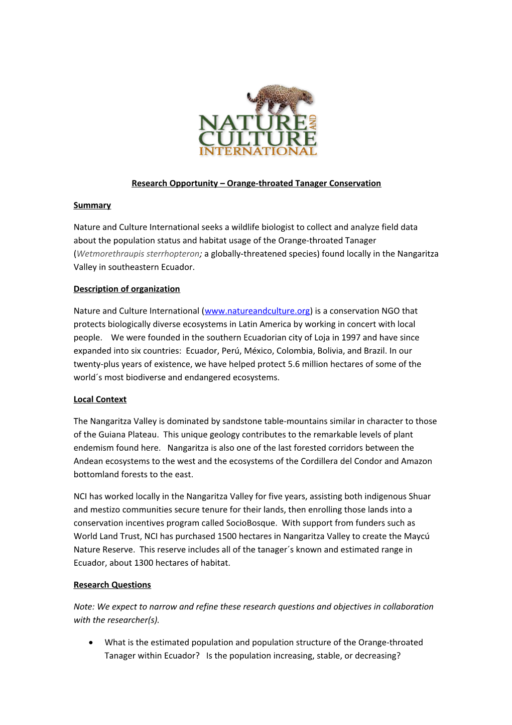 Research Opportunity Orange-Throated Tanager Conservation