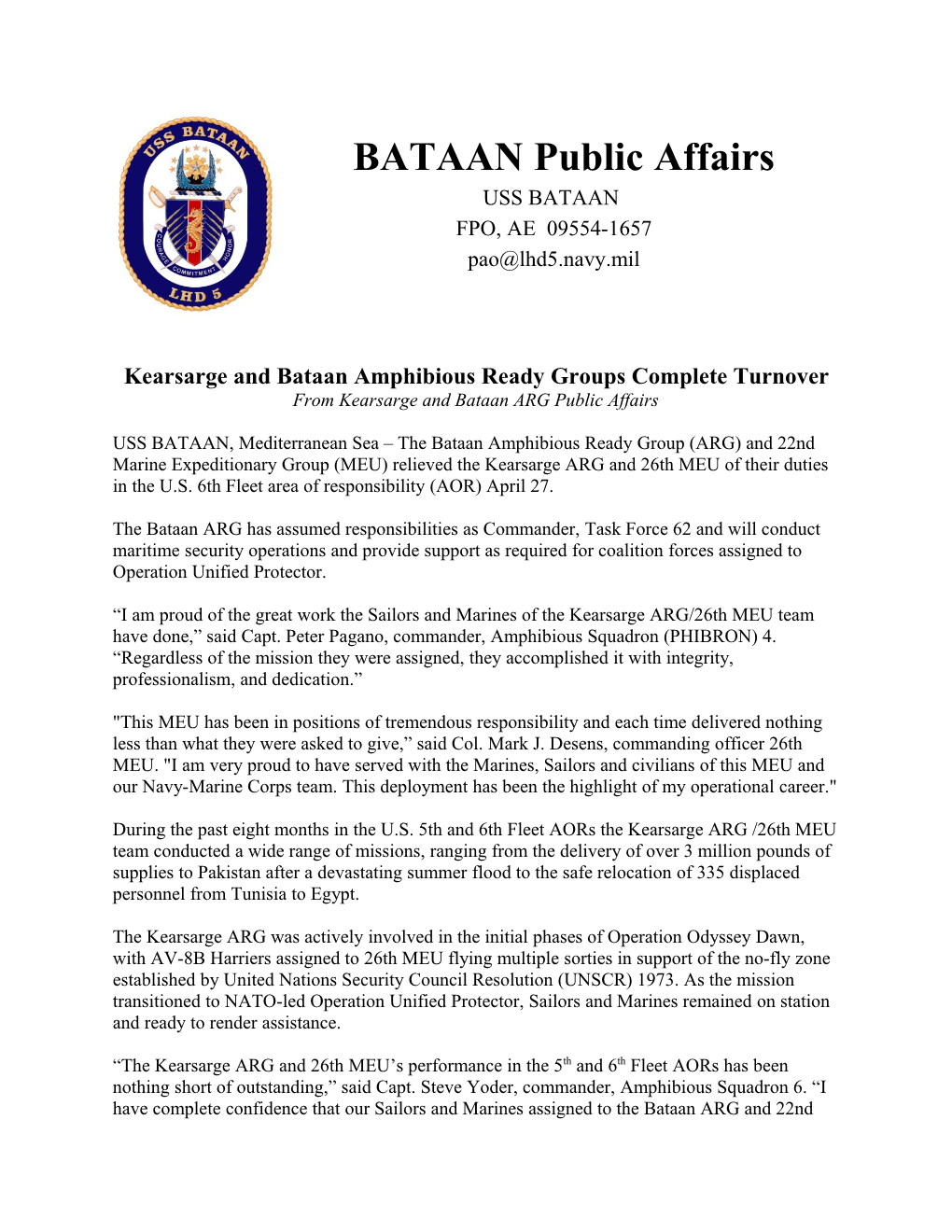 Kearsarge, Bataan Amphibious Ready Groups Complete Turnover