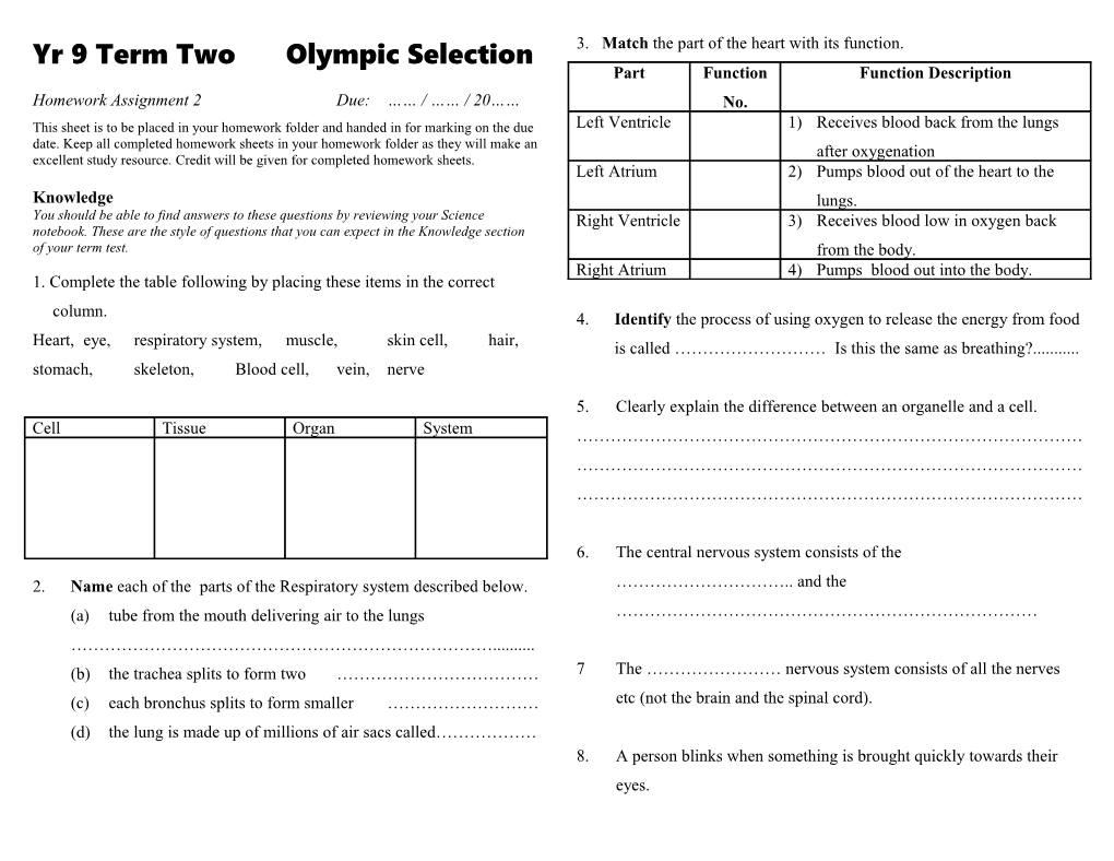 Yr 9 Term Twoolympic Selection