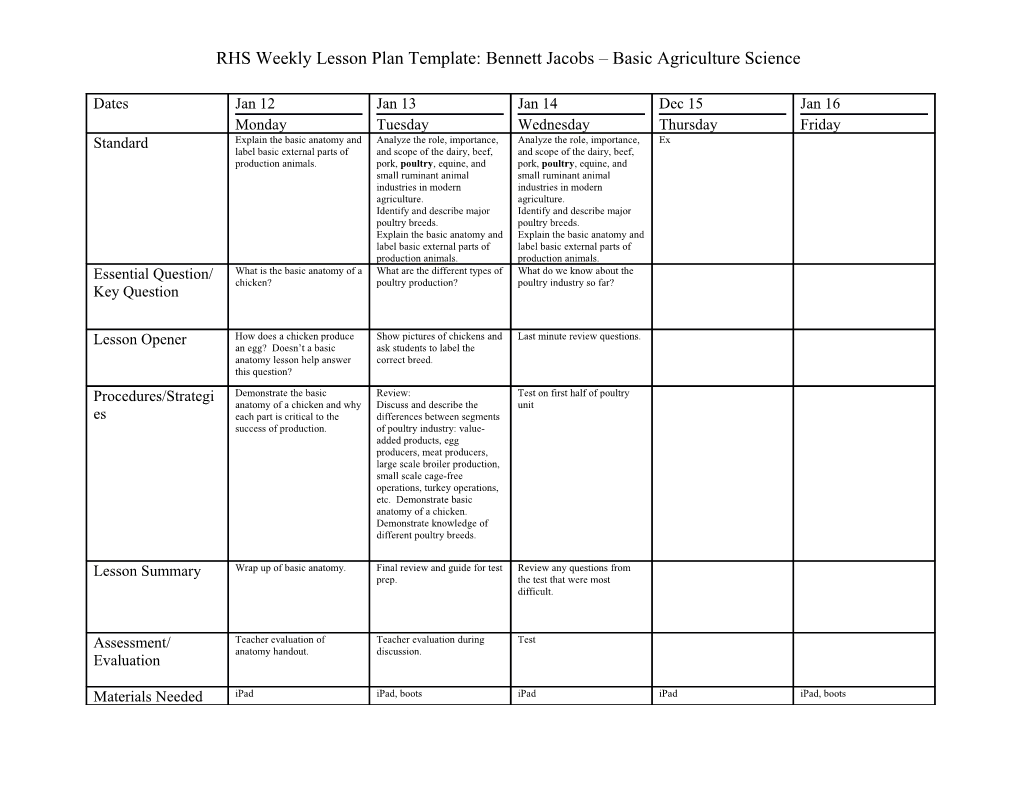 RHS Weekly Lesson Plan Template: Bennett Jacobs Basic Agriculture Science