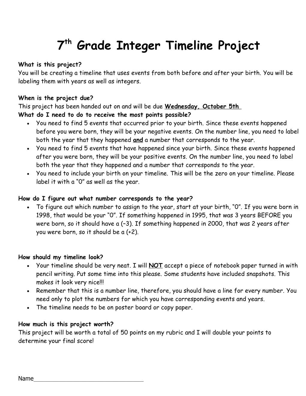 6Th Grade Integer Timeline Project s1