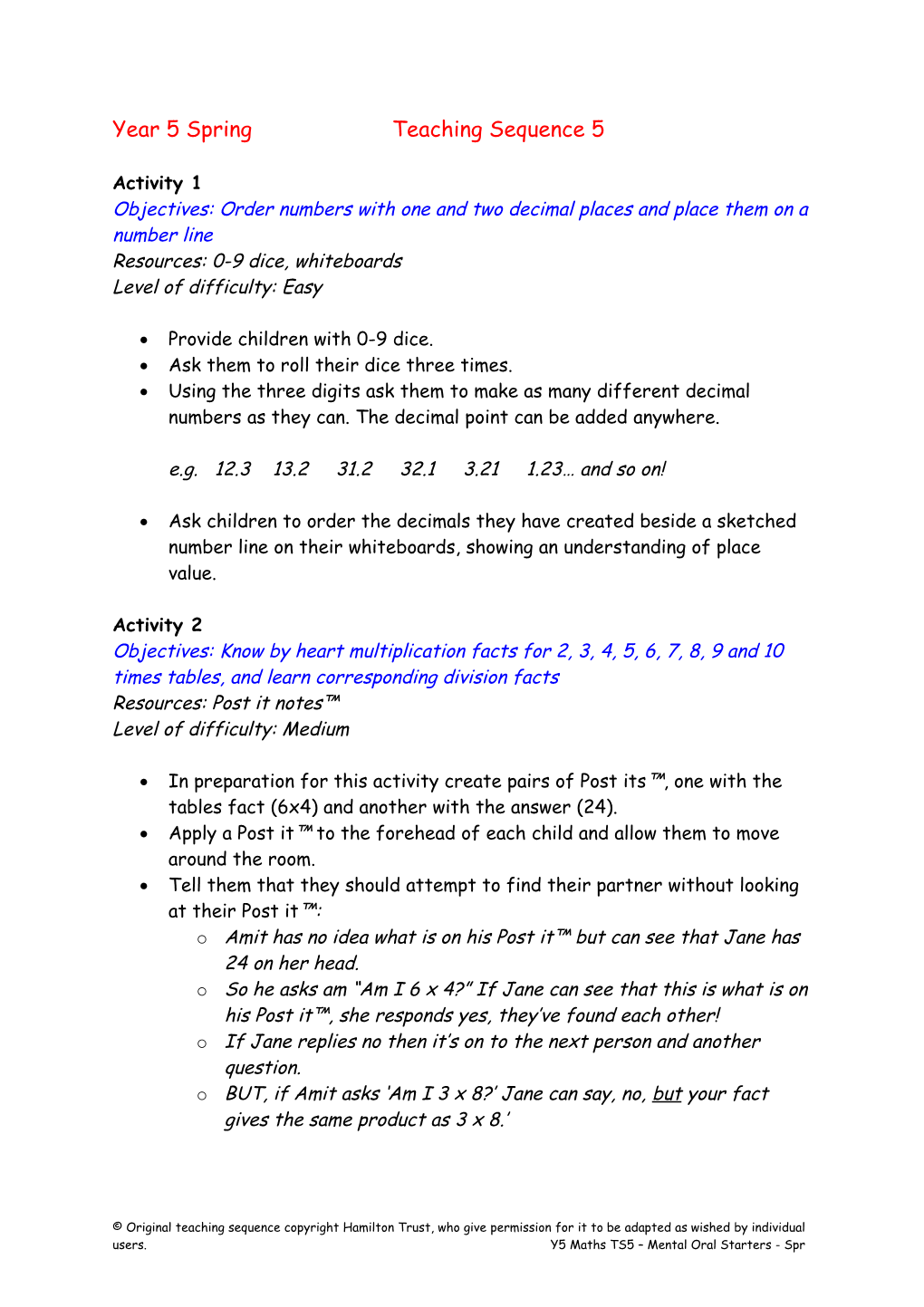 Year 5 Spring Teaching Sequence 5