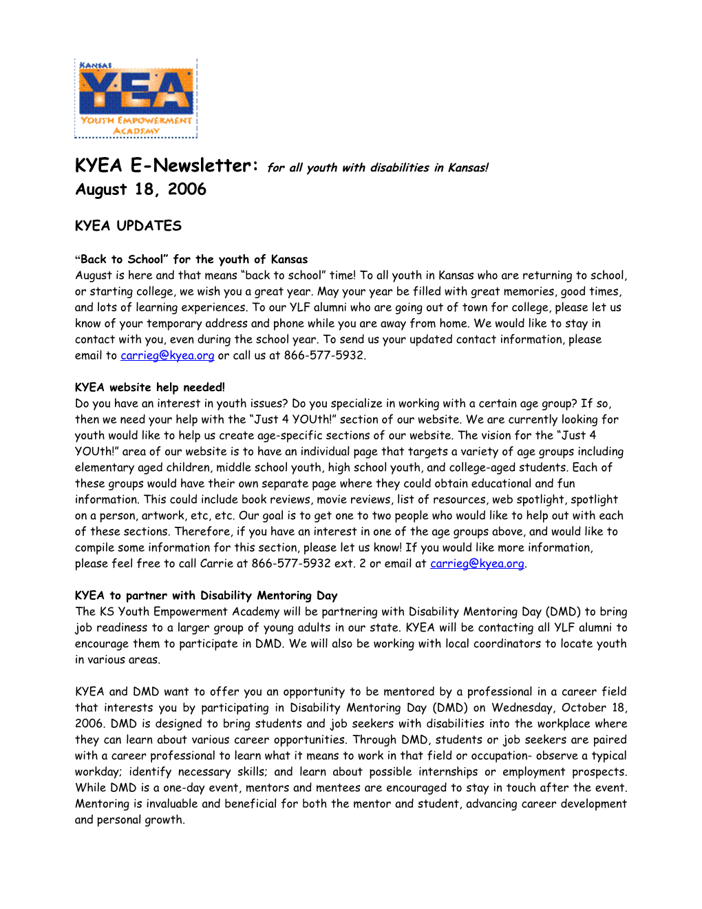 KYEA E-Newsletter: for All Youth with Disabilities in Kansas!