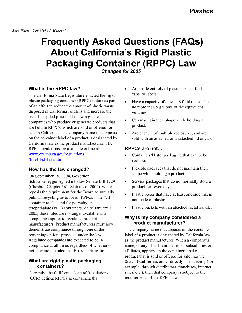 Frequently Asked Questions (Faqs) About California S Rigid Plastic Packaging Container