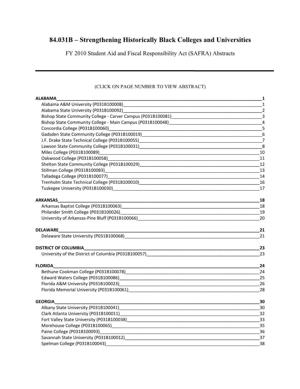 FY 2010 SAFRA Project Abstracts for the Title III Part B Strenthening Hbcus Program (MS Word)