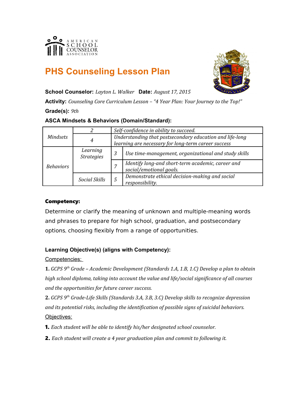 PHS Counseling Lesson Plan