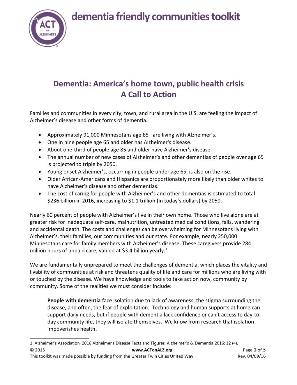 Dementia: America S Home Town, Public Health Crisis a Call to Action