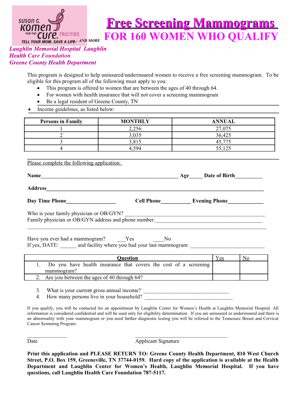 Application for a Free Screening Mammogram