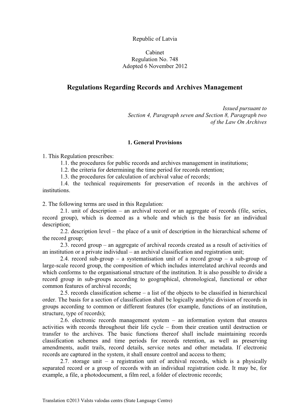 Regulations Regarding Records and Archives Management