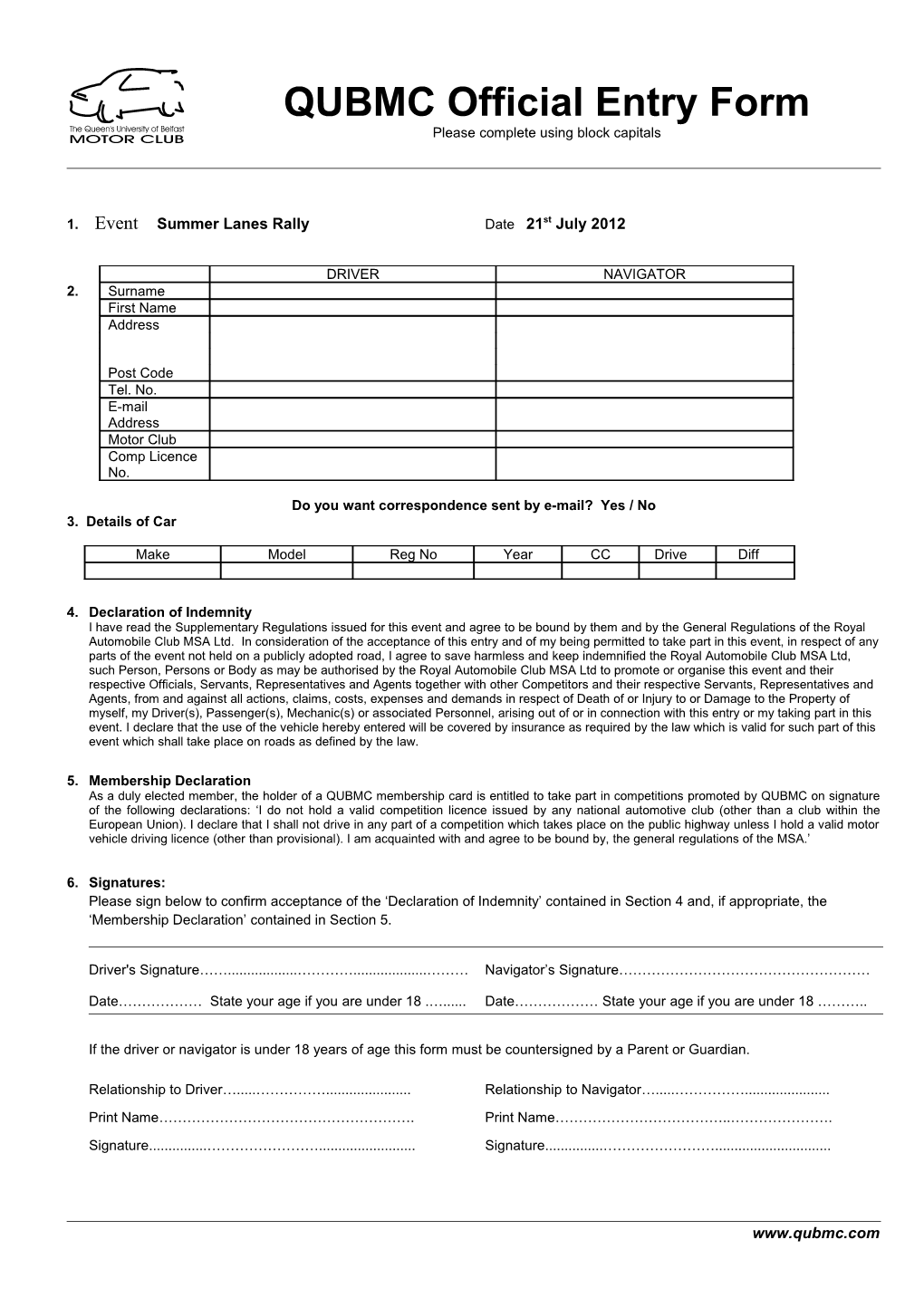 Qub Mc Entry Form