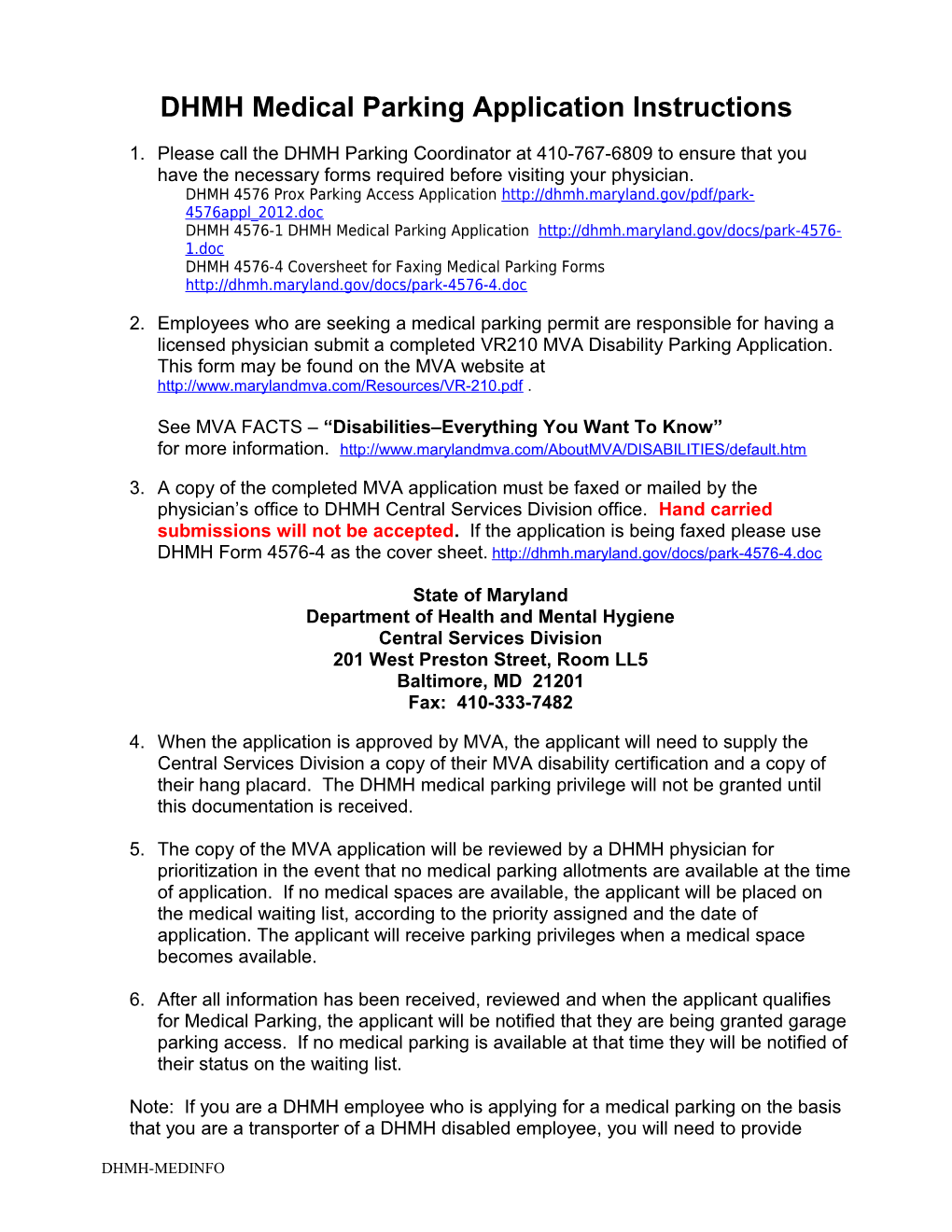 DHMH Medical Parking Permit Application Instructions