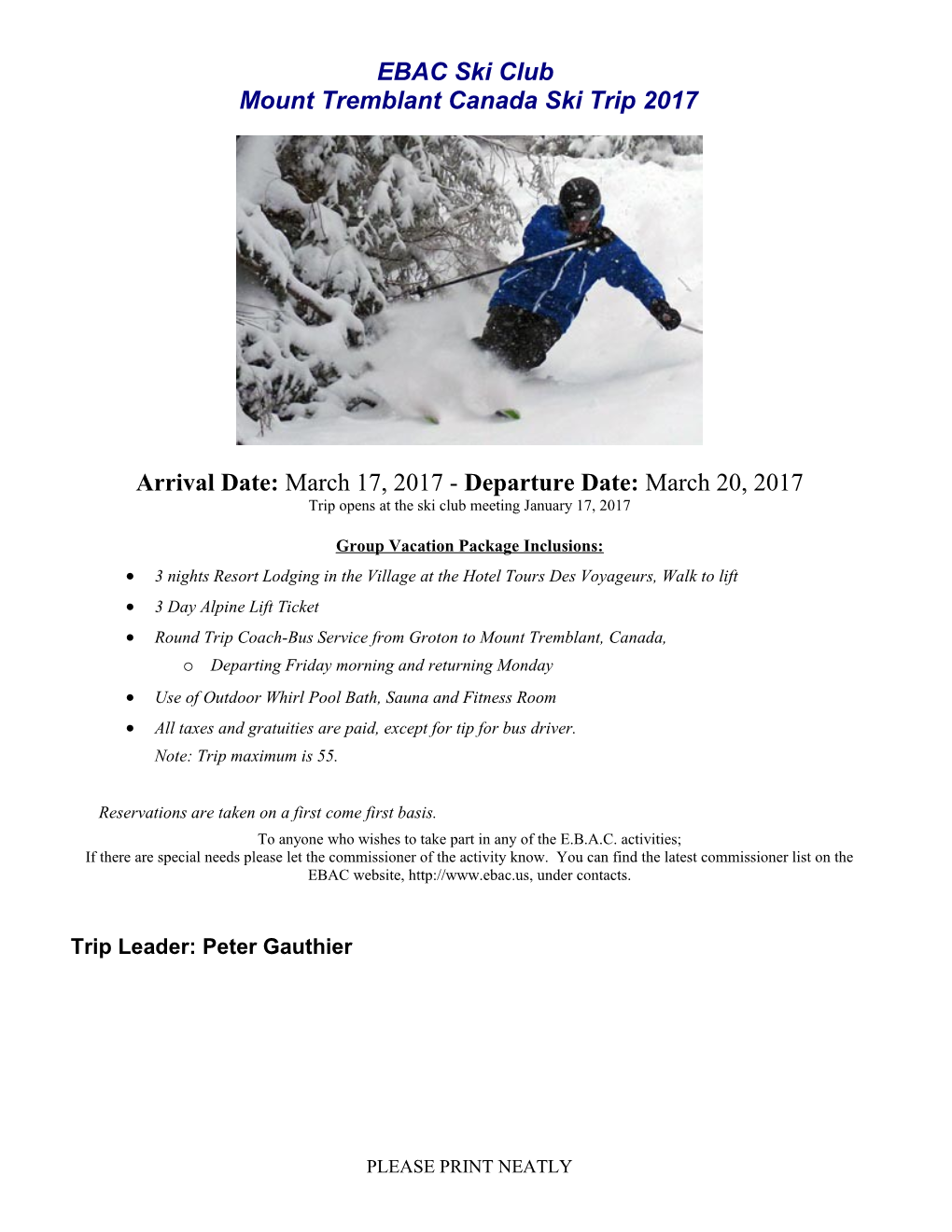 Ebac Ski Club Smugglers' Notch Trip Sign up Sheet Feb 25/26 28, 2010