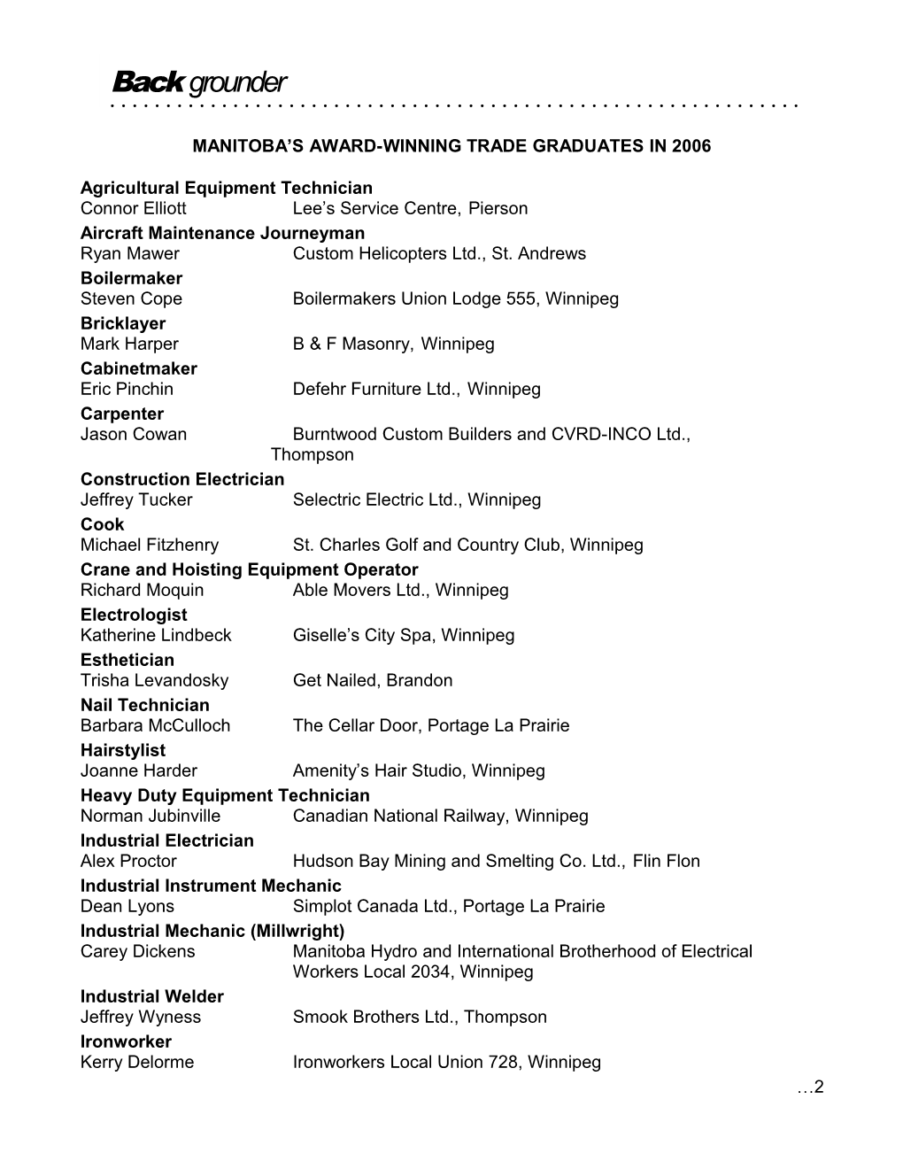 Manitoba S Award-Winning Trade Graduates in 2006