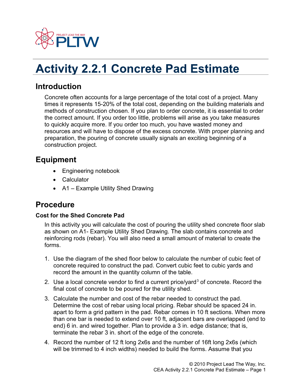 Activity 2.2.1 Concrete Pad Estimate