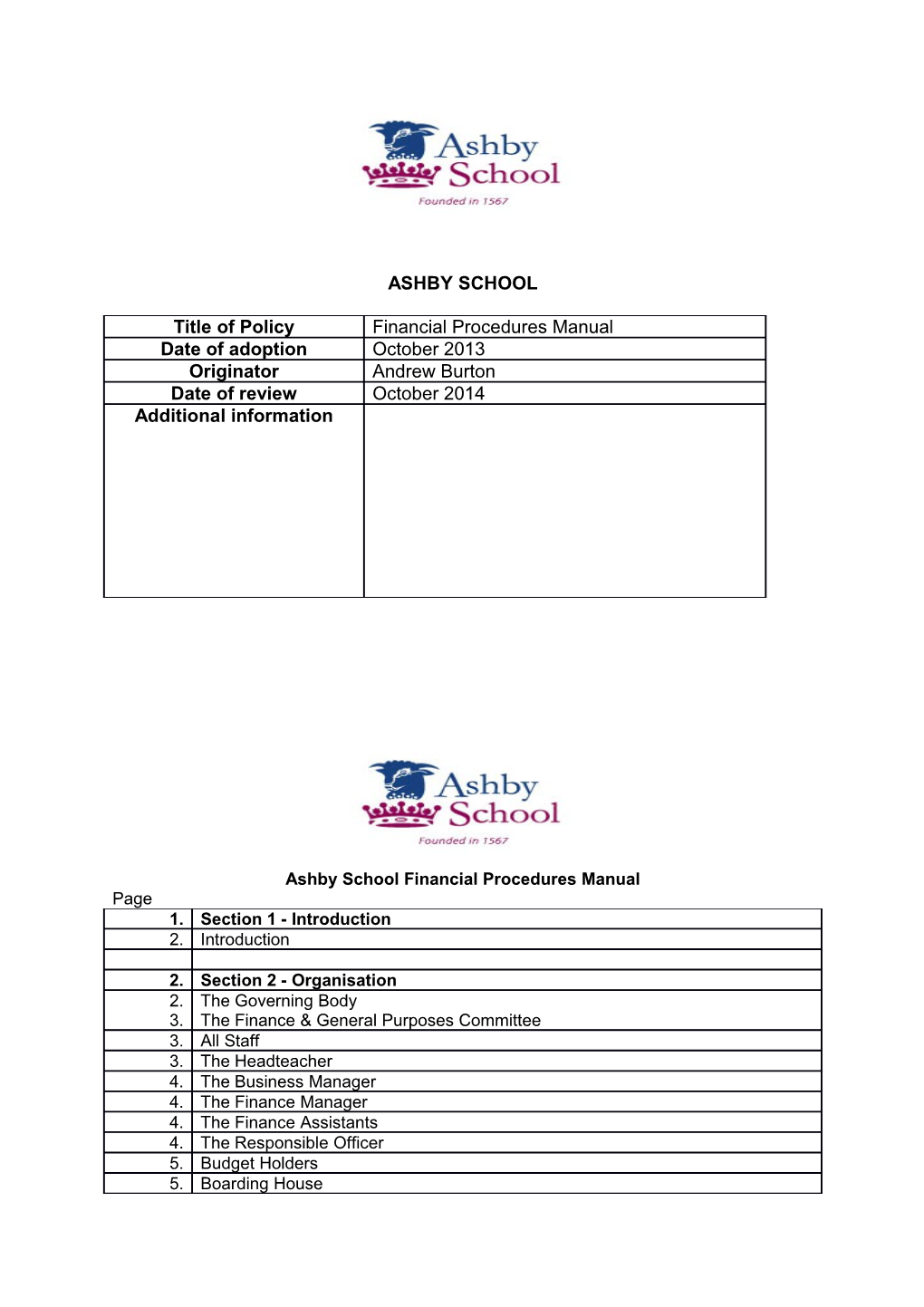 Ashby School Financial Procedures Manual