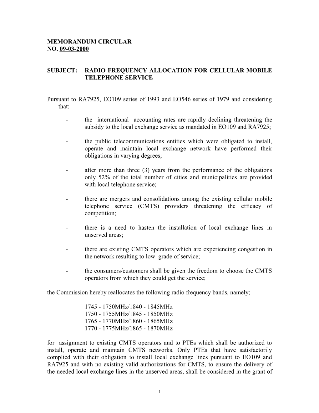 Subject: Radio Frequency Allocation for Cellular Mobiletelephone Service