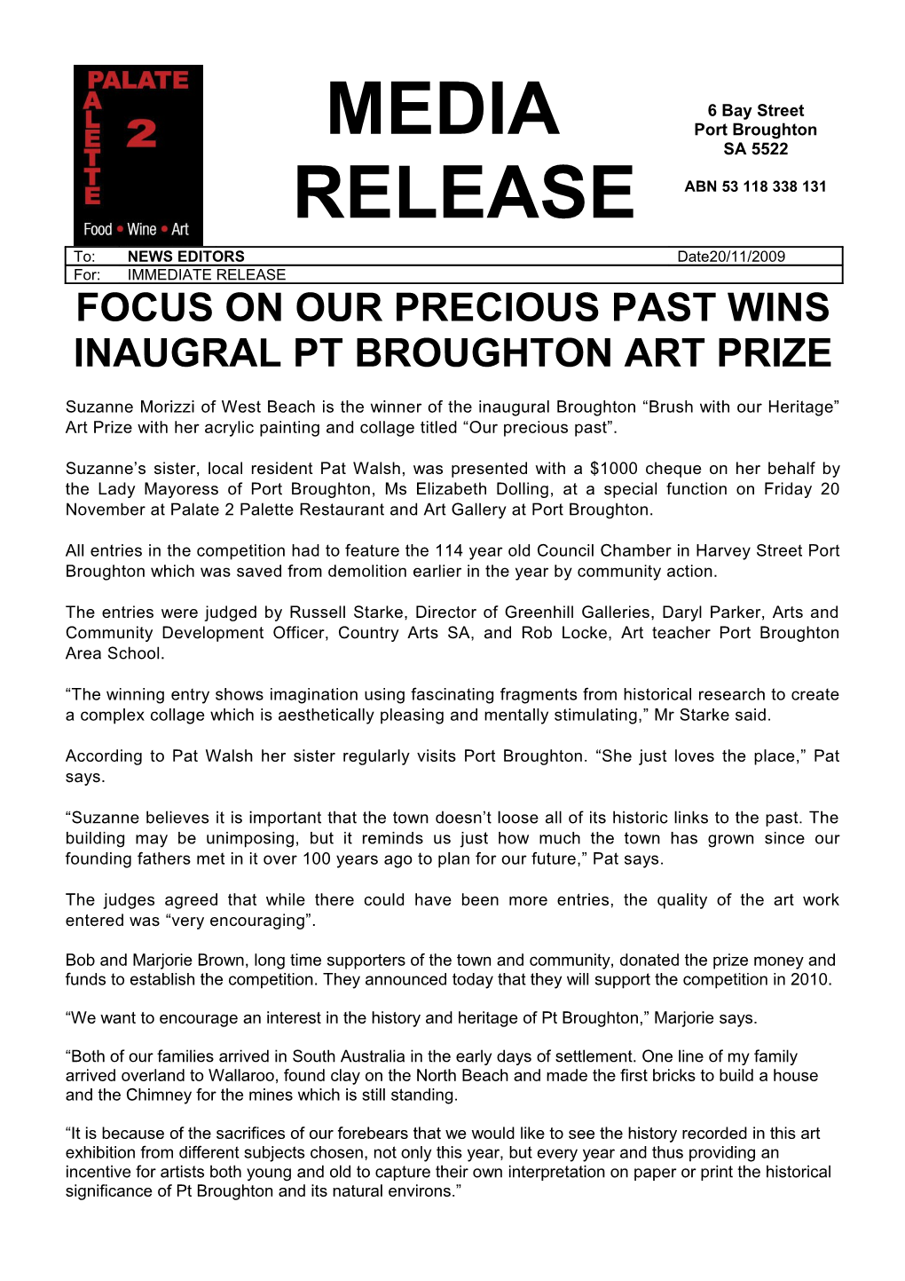 Focus on Our Precious Past Wins Inaugral Pt Broughton Art Prize