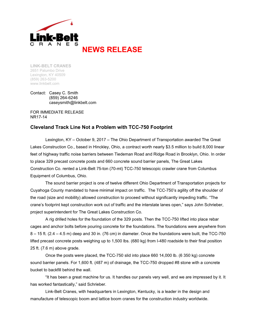 Cleveland Track Line Not a Problemwith TCC-750 Footprint