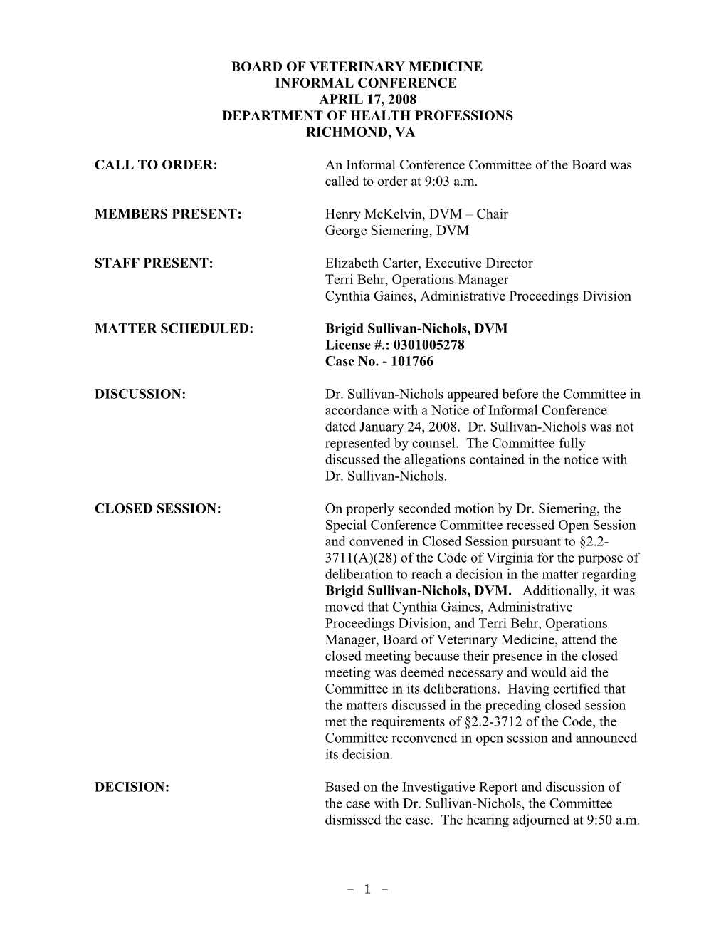 VIRGINIA BOARD of VETERINARY MEDICINE Minutes 4-17-2008