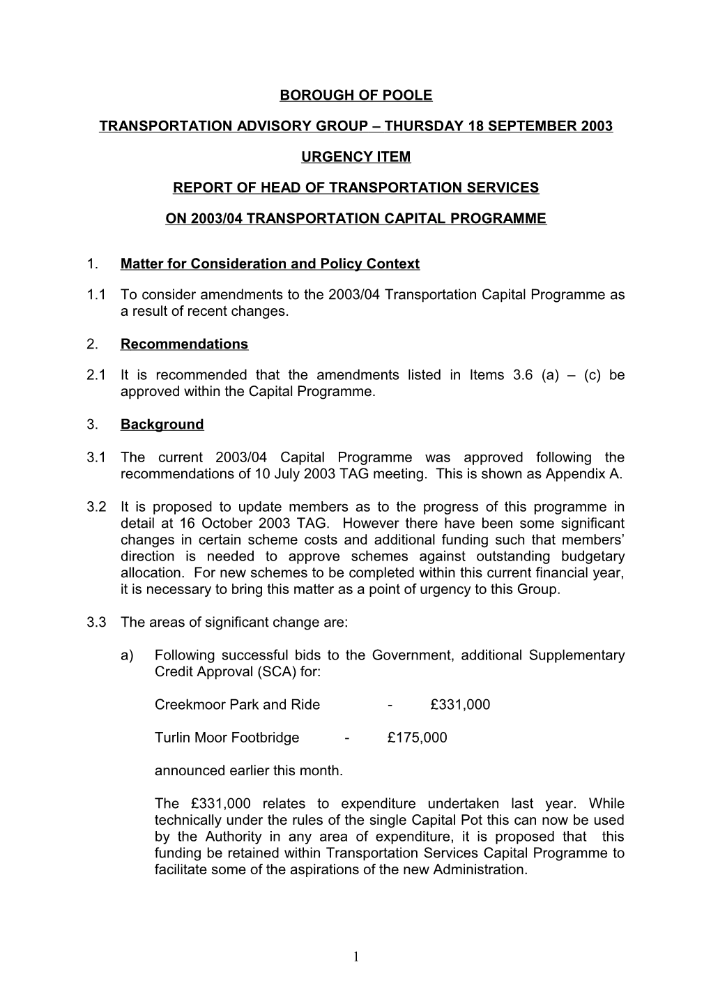 PD - Portfolio Holder Decision Councillor Parker - 2003/04 Transportation Capital Programme