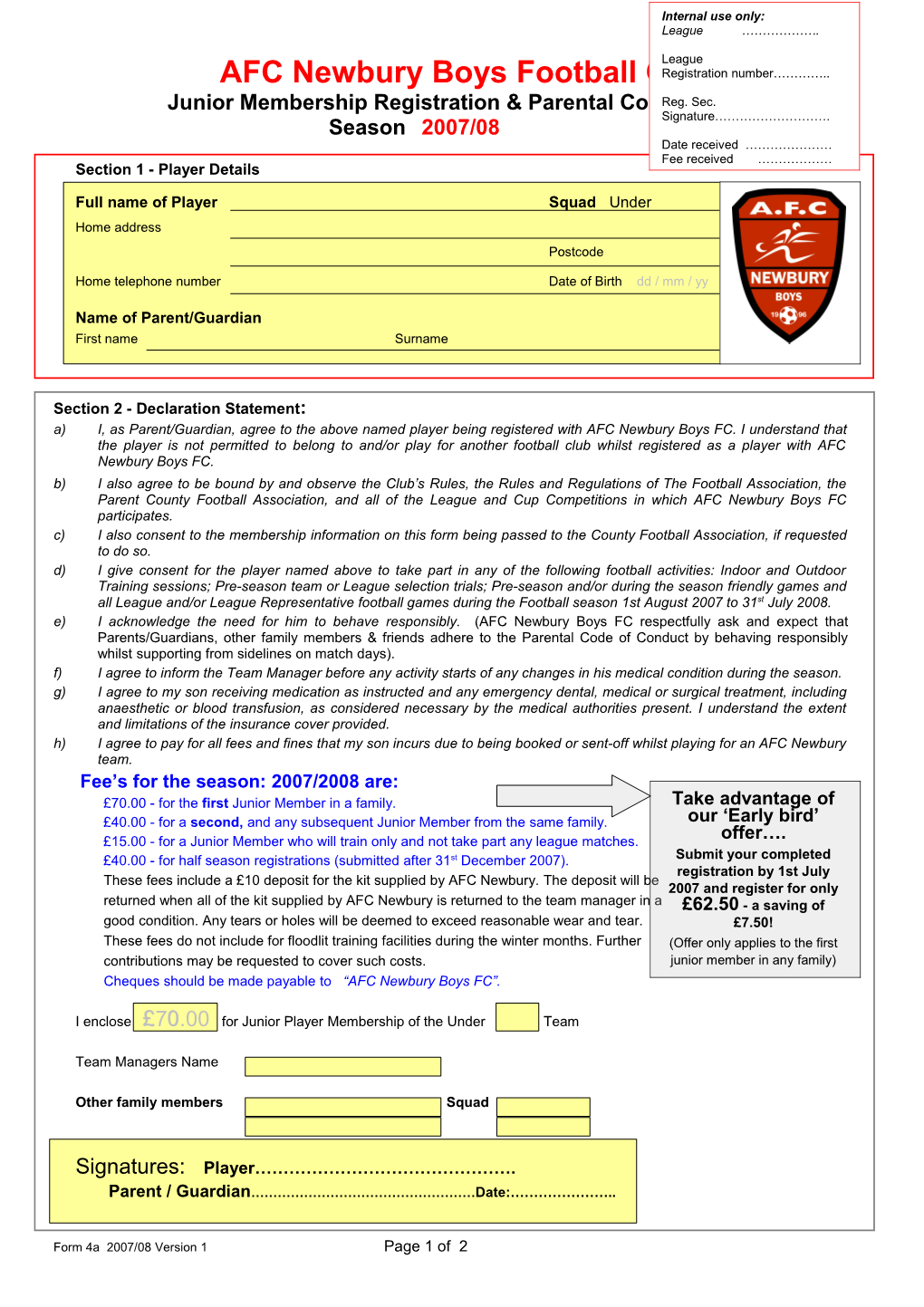 AFC Newbury Junior Membership Form