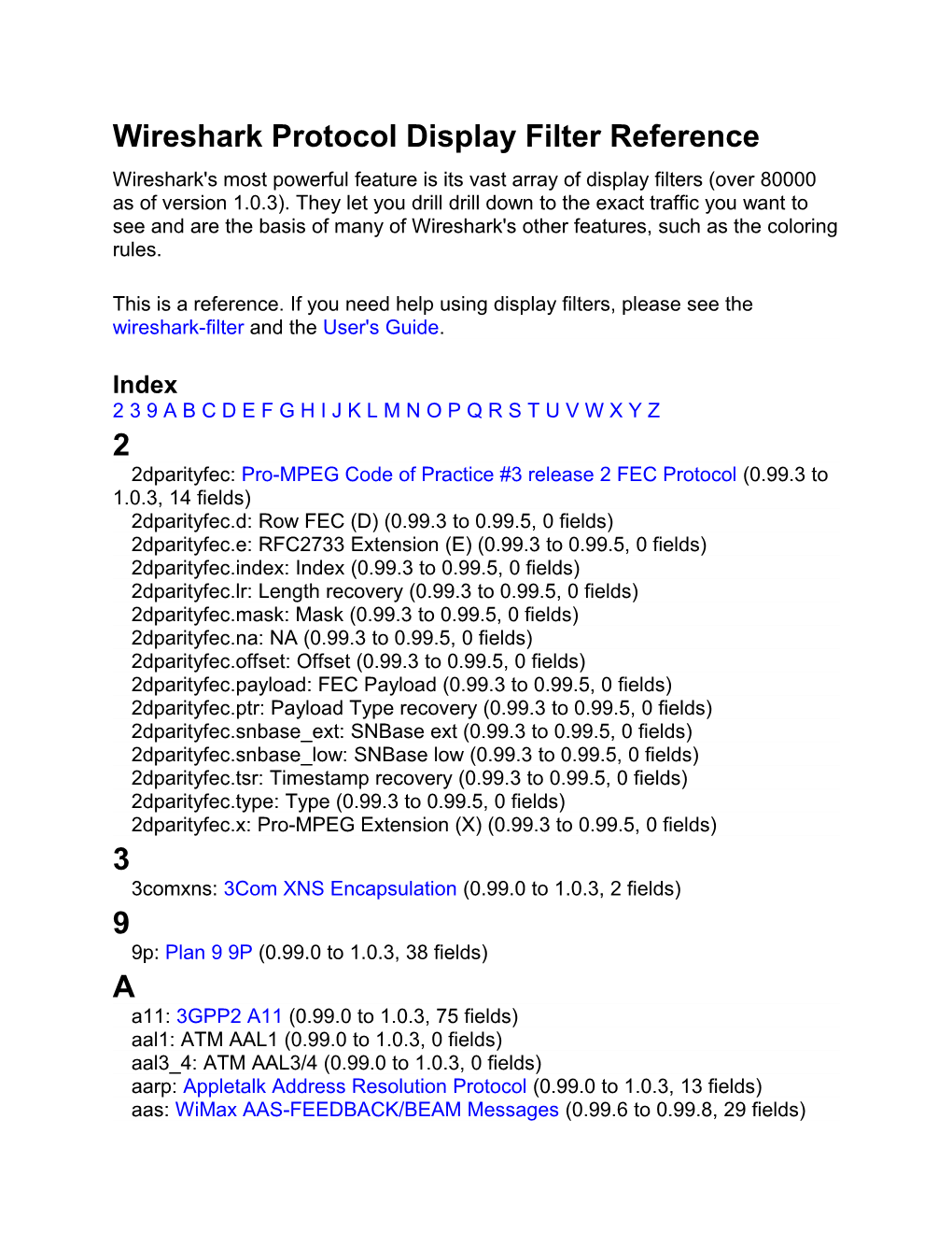 Wireshark Protocol Display Filter Reference