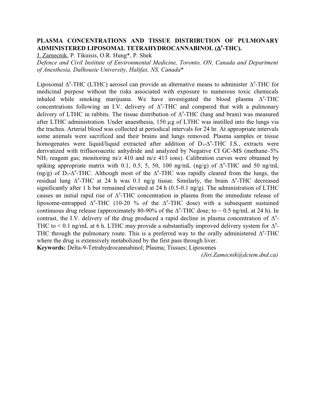 Plasma Concentration and Tissue Distribution of Pulmonary Liposomal Tetrahydrocannabinol