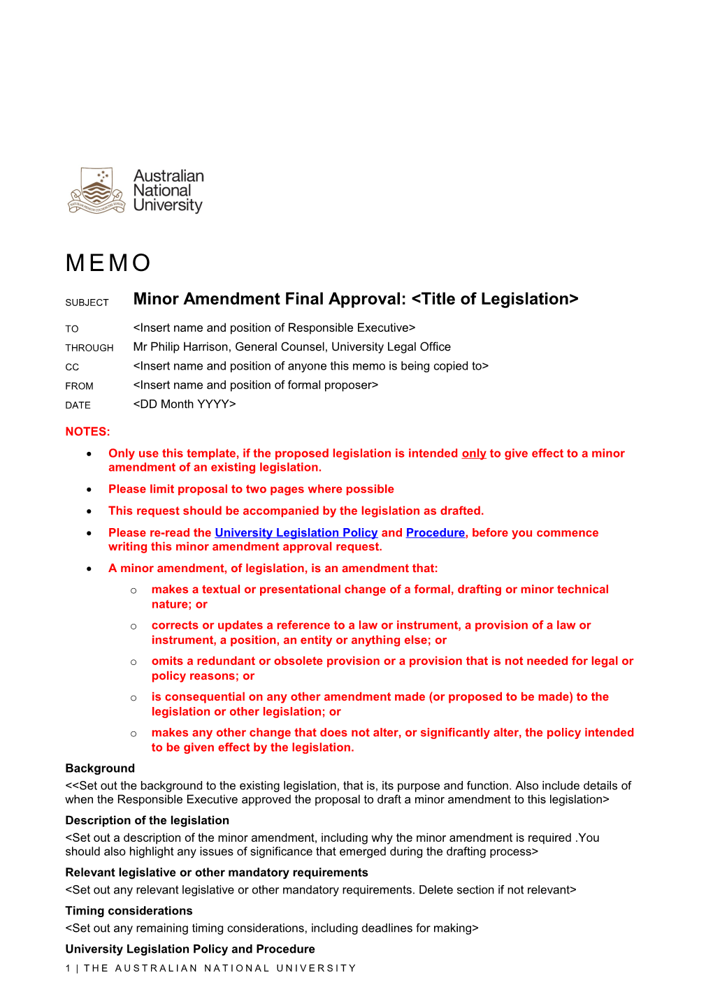 MEMO Legislation Final Approval: &lt;Title of Legislation&gt;