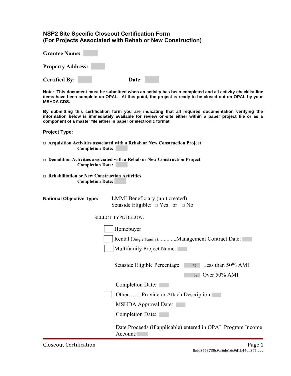 NSP2 Site Specific Closeout Certification Form