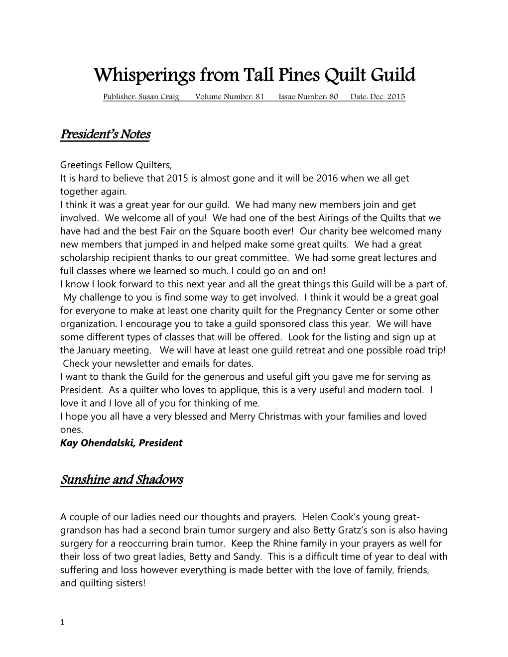Whisperings from Tall Pines Quilt Guild