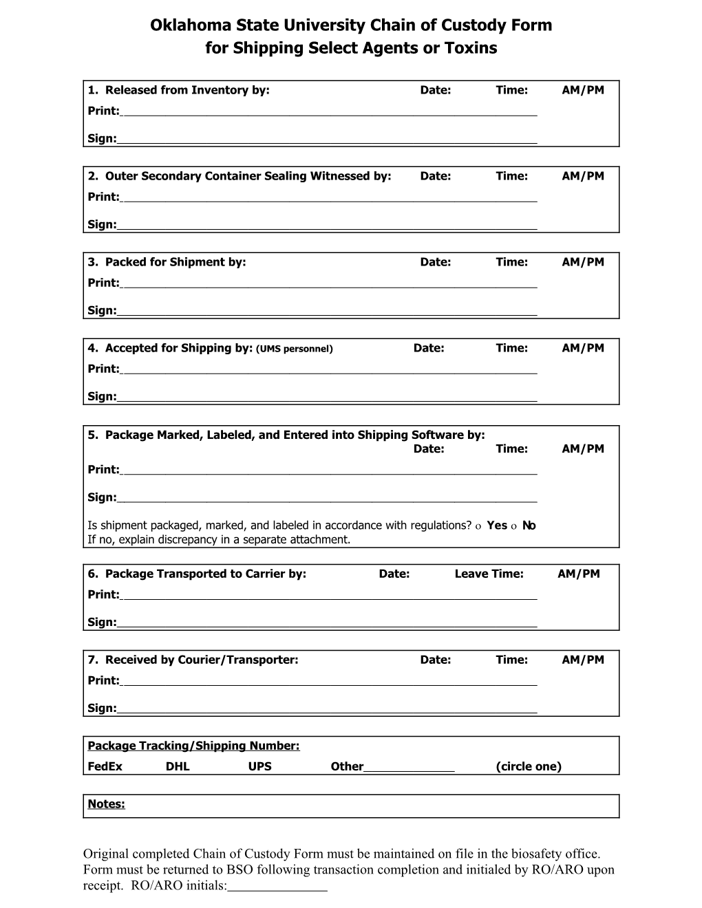 Oklahoma State University Chain of Custody for Shipping