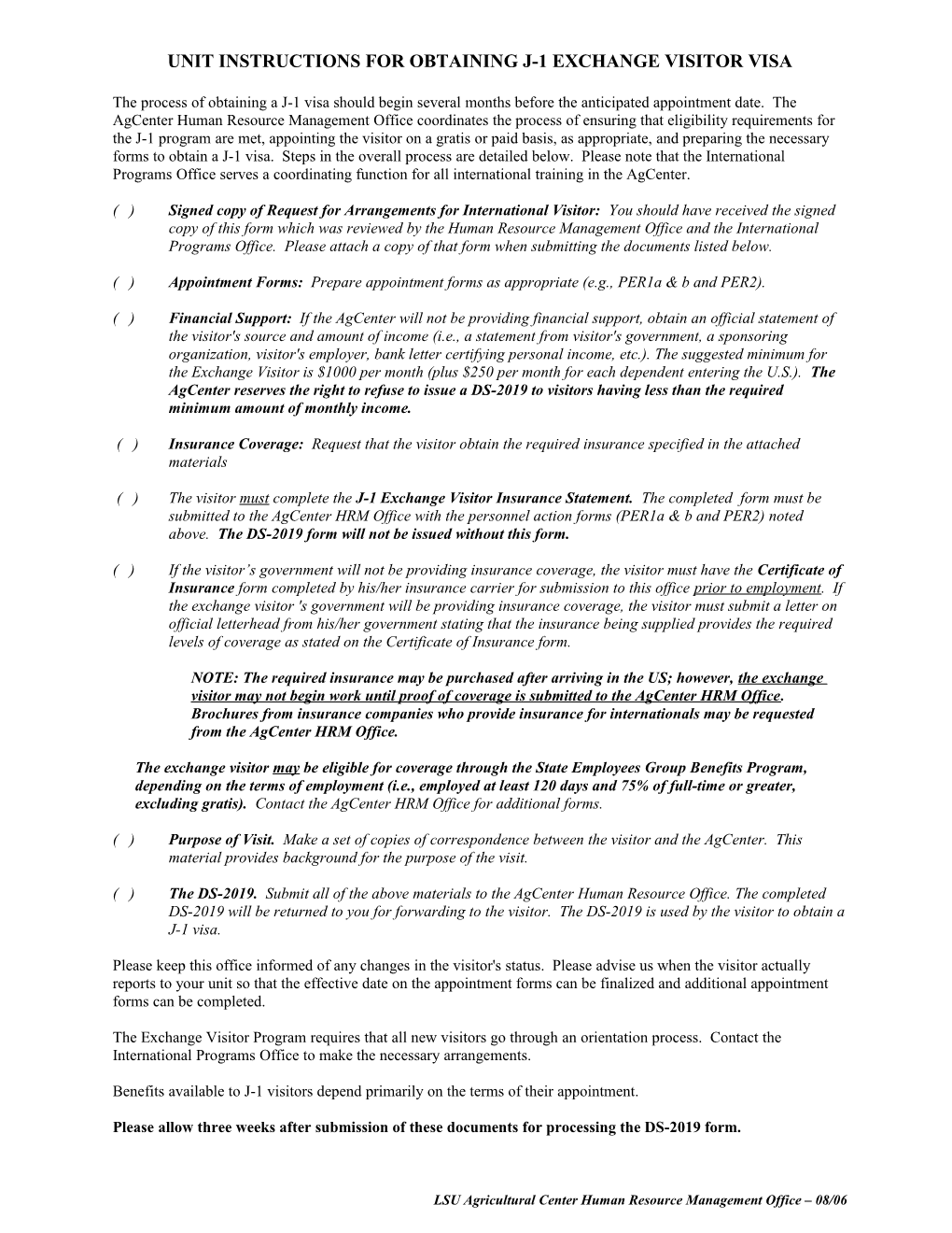 Unit Instructions for Obtaining J-1 Exchange Visitor Visa