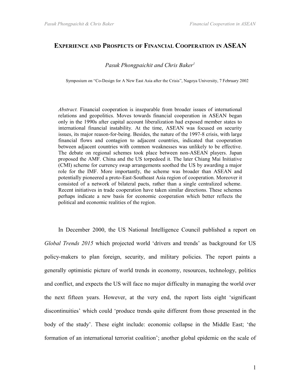 Experience and Prospects of Financial Cooperation in ASEAN