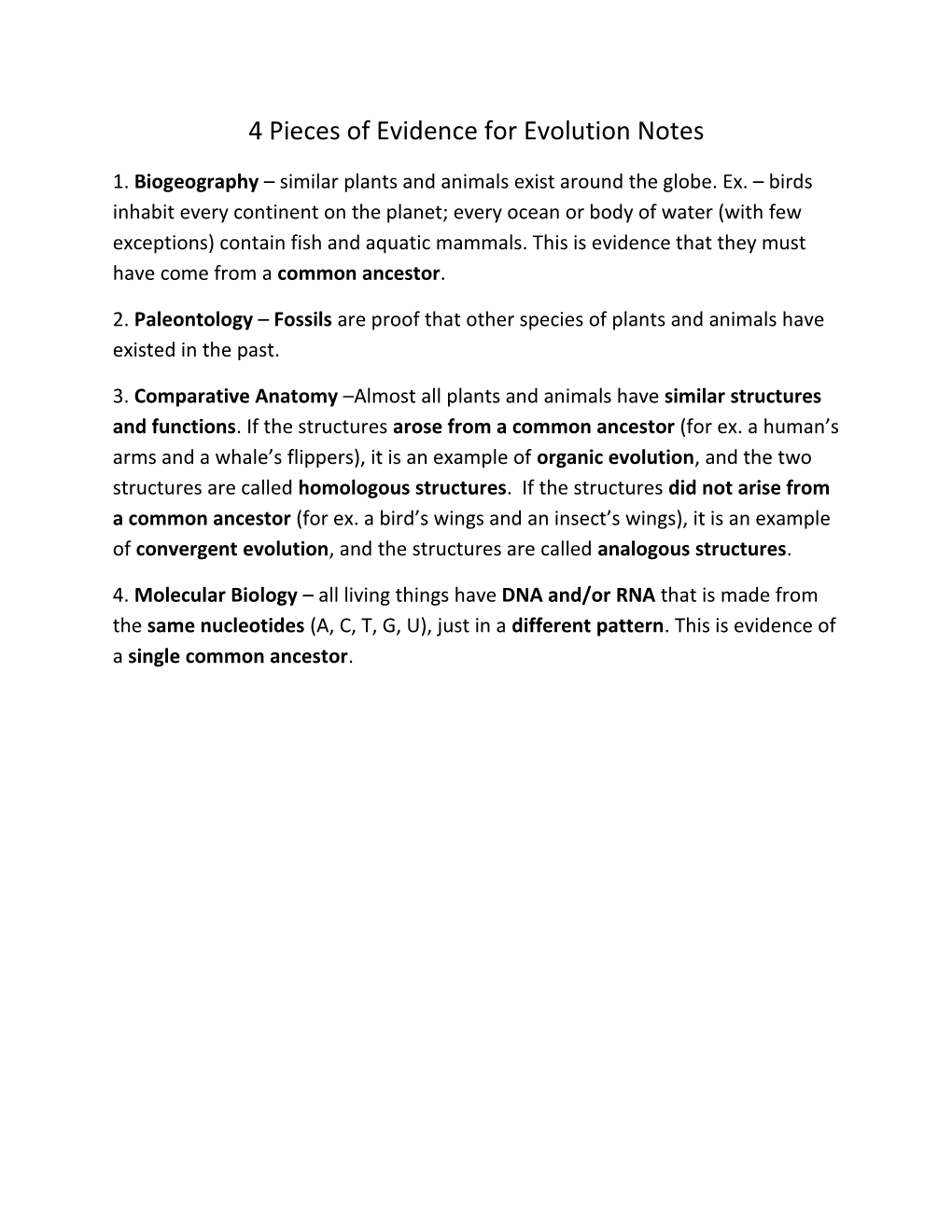 4 Pieces of Evidence for Evolution Notes