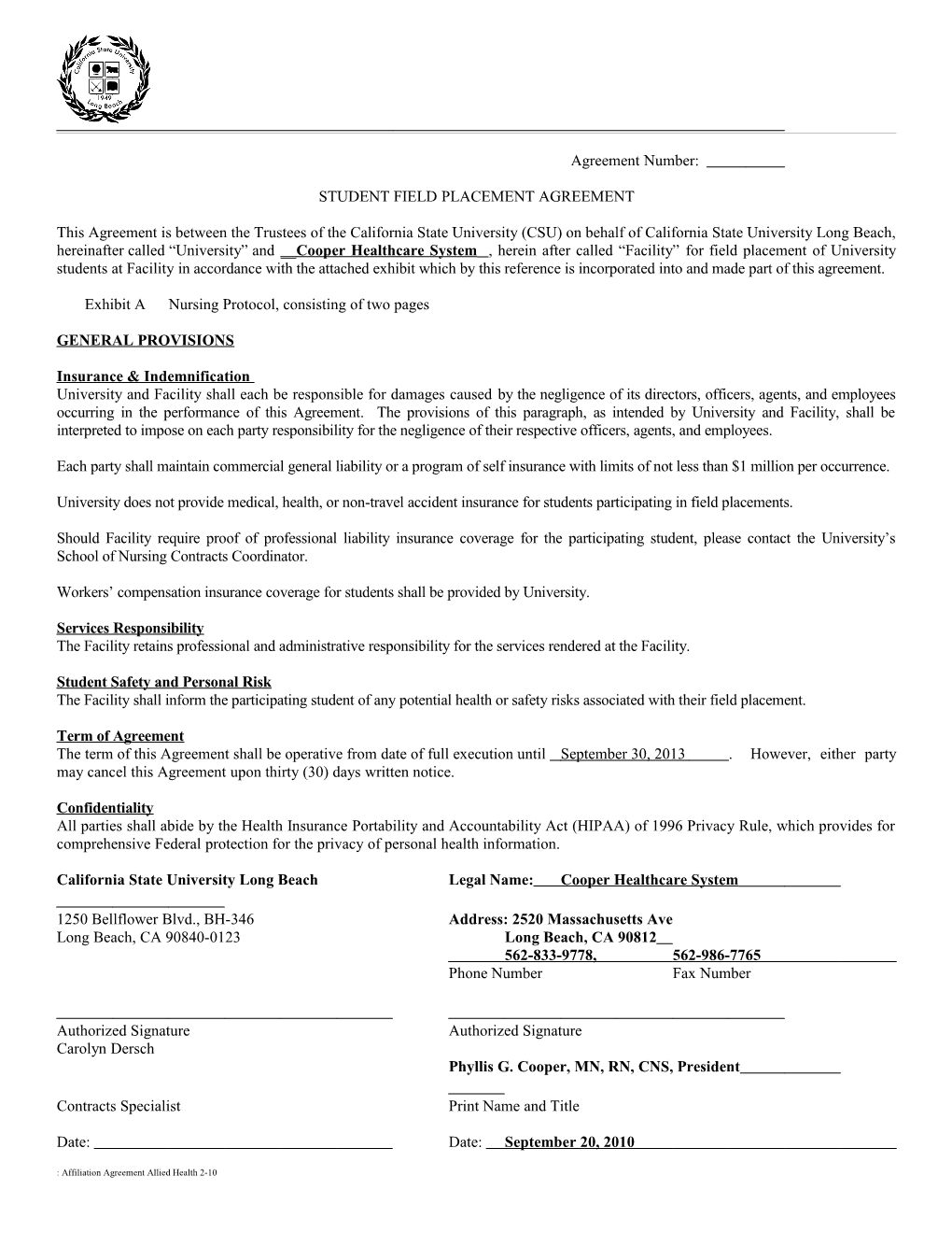 Student Field Placement Agreement
