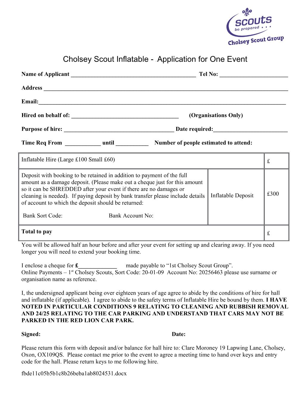 Cholsey Scout Hall - Application for One Event