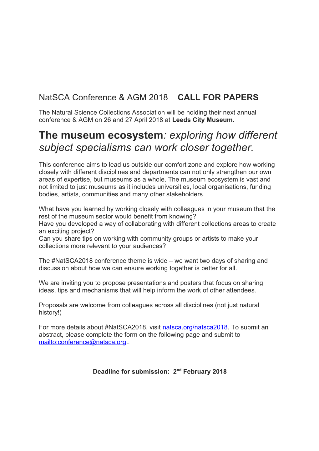 Natsca Conference & AGM 2018 CALL for PAPERS