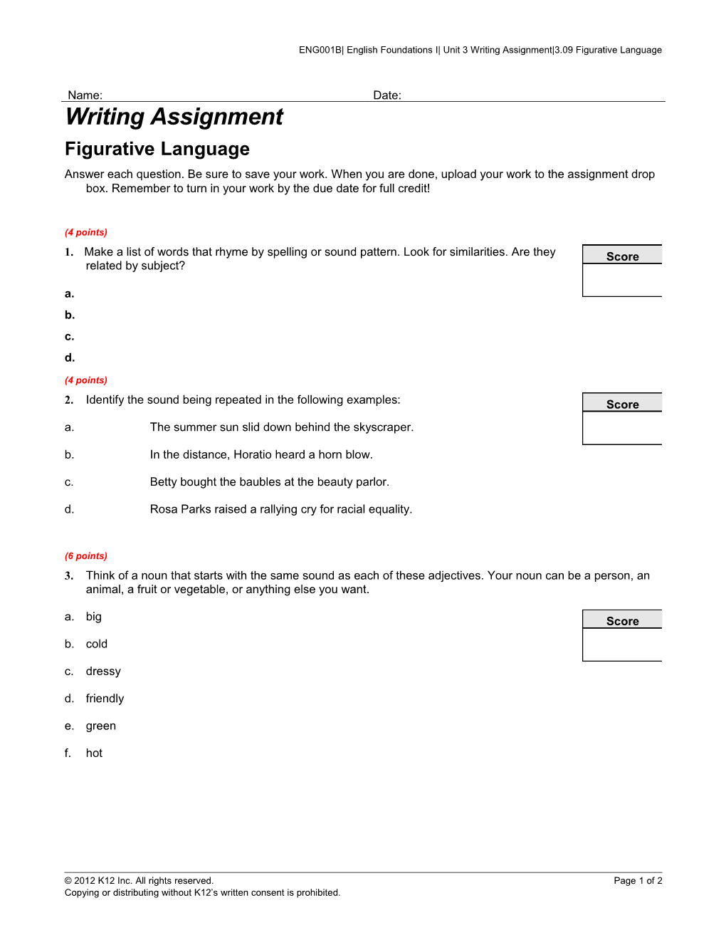 ENG001B English Foundations I Unit 3 Writing Assignment 3.09 Figurative Language