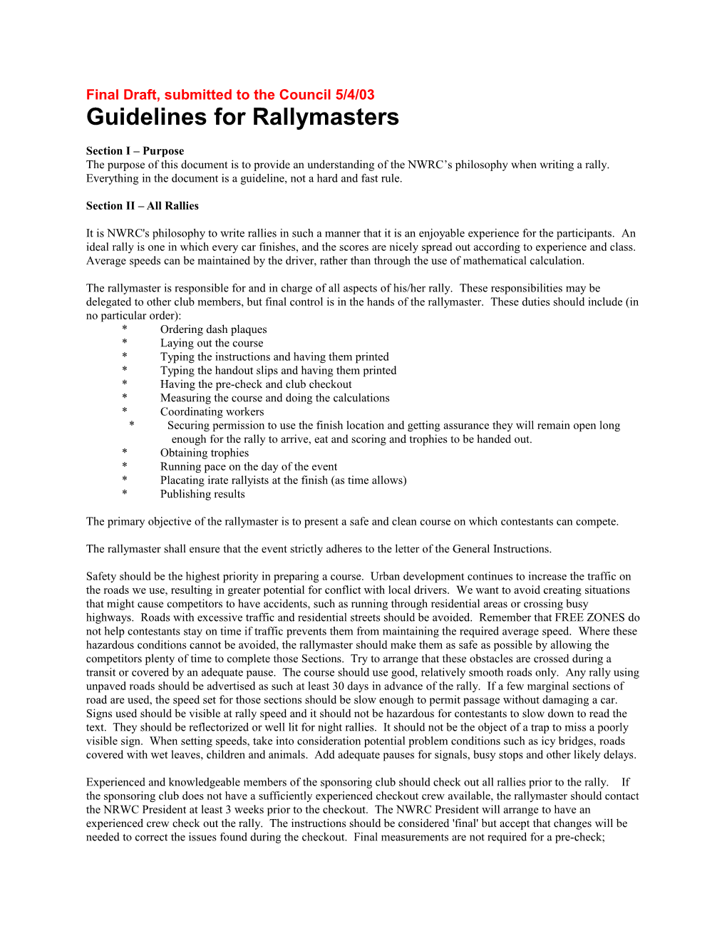 Guidelines for Rallymasters