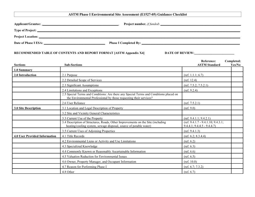 ASTM Phase I Environmental Site Assessment (E1527-05) Checklist